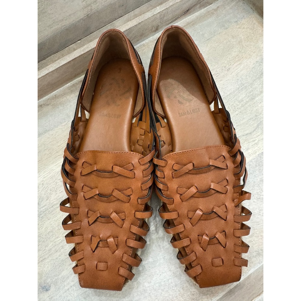 Sam & Libby Cognac Brown Woven Huarache Espadrille Flats Square Toe women's 9